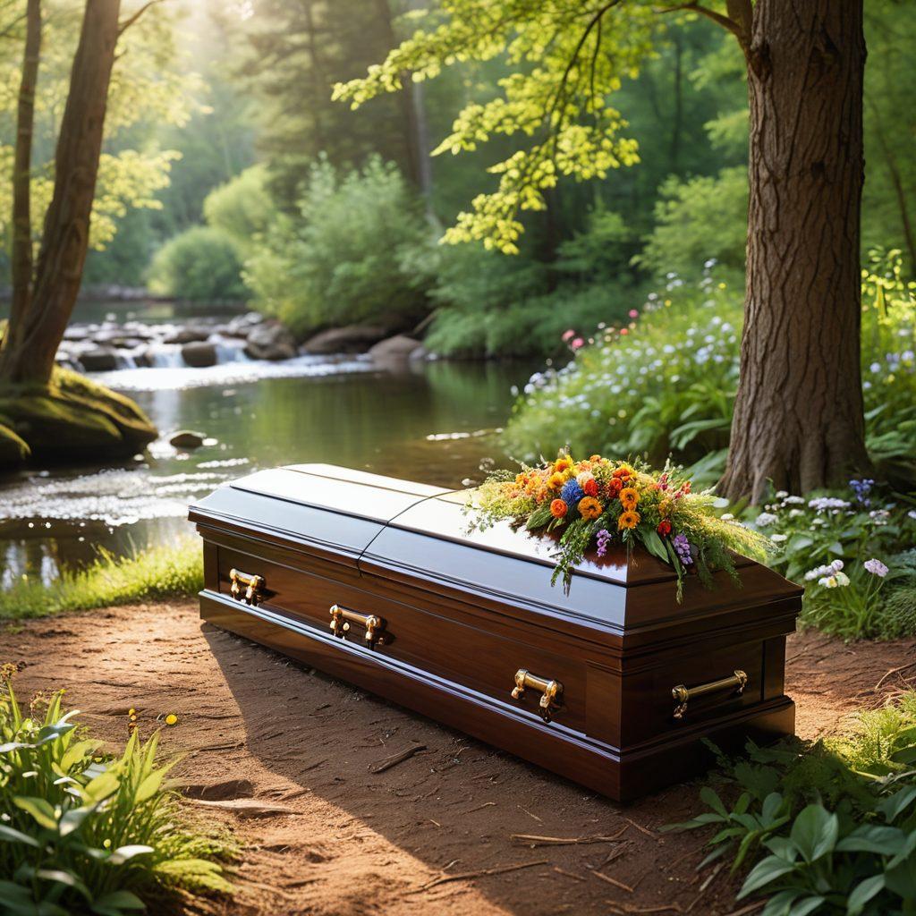 A serene forest setting with biodegradable caskets nestled among lush greenery. Gentle rays of sunlight filtering through the trees, casting a warm glow on the caskets adorned with wildflowers and natural elements. A peaceful stream flows nearby, symbolizing the circle of life and meaningful farewells. Ethereal birds perched on branches, adding a touch of tranquility. soft focus. vibrant colors. super-realistic.