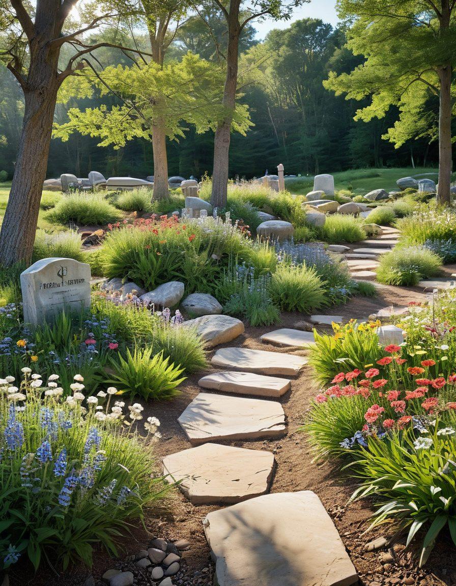 A serene landscape featuring a beautifully designed natural burial ground, with wildflowers and native plants flourishing, symbolizing harmony with nature. Ethereal light filters through the trees, illuminating headstones made of stone or reclaimed materials. In the background, a gentle hill slopes down towards a sparkling stream, representing the cycle of life. Soft, warm colors evoke a sense of peace and remembrance. 3D. vibrant colors.