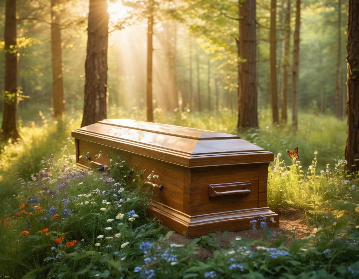 A serene forest setting with gentle sunlight filtering through the trees, featuring a beautiful biodegradable coffin made of natural materials nestled among wildflowers. Nearby, a group of people dressed in earthy-toned clothing softly celebrate a life lived, surrounded by lush greenery and whimsical butterflies. Apply a peaceful and calming atmosphere, emphasizing harmony with nature. ethereal painting. nature-inspired color palette. soft lighting.